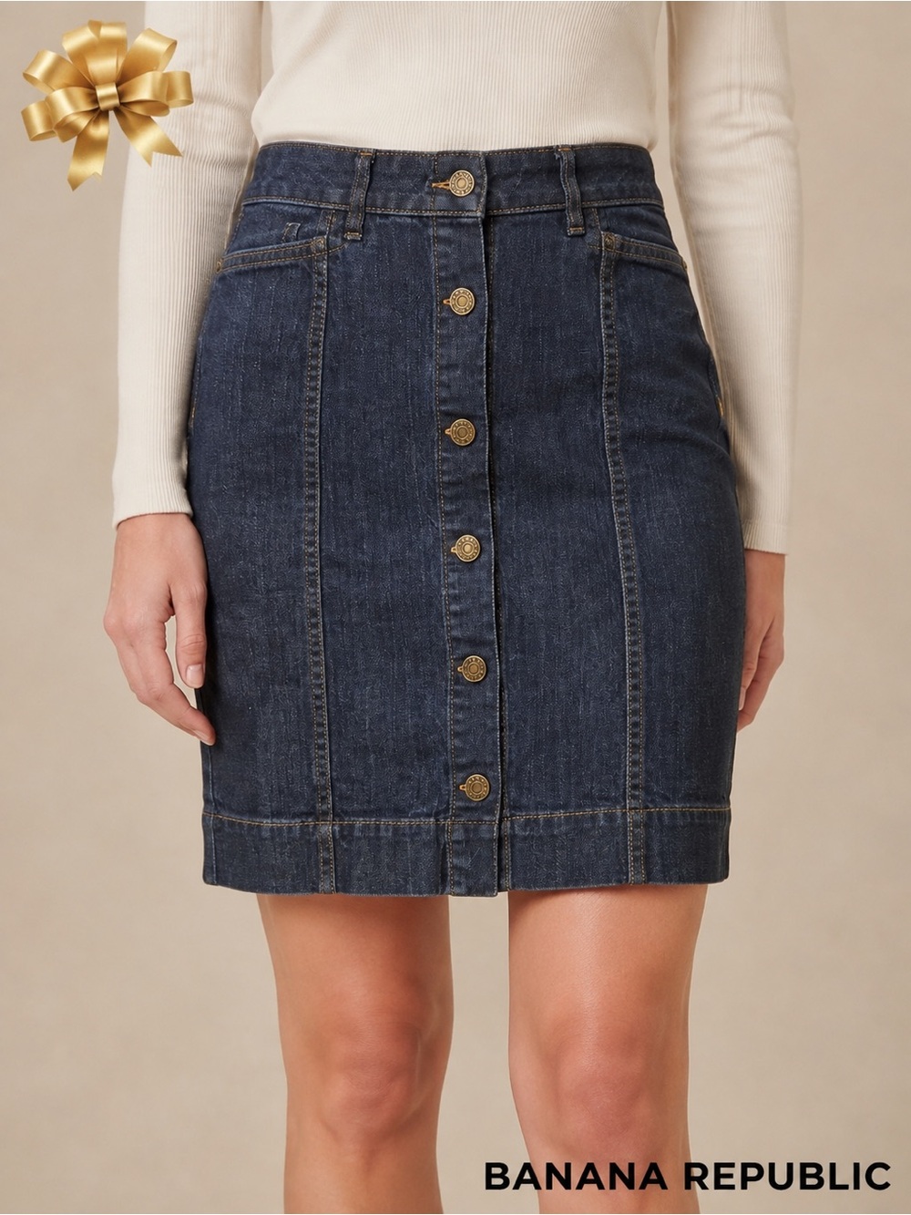 Banana Republic Petite 0P Button Front Stretch Dark Denim Pencil Skirt